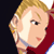 Pixelated anime-style character face with blonde hair and red clothing, cropped to show partial head and shoulder against dark background.