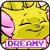 A 6-frame animated contact sheet of a yellow cartoon character with pink ears and closed eyes, each frame displaying the word "DREAMY" in purple text on a pink banner at the bottom.