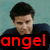 Two side-by-side pixelated images of a person with dark hair wearing a dark shirt against a light blue background, each with the word 'angel' in bold text below.