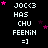 Pixelated text and pink stars on black background with repeated 'JOC<3 HAS CHU FEENIN =]' phrases, some stars animate in position.