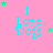 Pink background with cyan text "I Love Dogs" and scattered green and gray stars in a