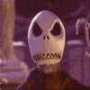 A skeletal character with a large skull head appears in three distinct poses , each showing different expressions and actions against varied backgrounds