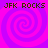 Four identical pixelated spiral patterns with alternating pink and purple hues, each labeled "JFK ROCKS" in dark brown text at the top and bottom.