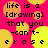 Pixelated text on a bright pink background with overlapping yellow and orange circles, repeating the phrase "life is a [drawing] that you -can't- erase" in black block letters.
