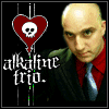 six identical showing a person in a black suit, red shirt, and blue tie beneath a red heart with white skull symbol and 'alkaline trio.' text