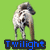 Pixelated pony with light brown and white coloring stands against green background, text below changes from 'Twilight' to 'Pony' with red '<3' symbol appearing.