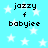 Light blue background with white stars and repeated text "jazzy f babyiee" in black pixelated font.