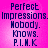 Pixelated text on a pink gradient background with four identical showing "Perfect Impressions. Nobody. Knows. P.I.M.K" in dark blue