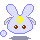 Pixelated light purple bunny with brown eyes, yellow crescent moon on forehead, white wings, and floating bubble-like shapes.