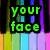 Pixelated text fragments in various colors arranged over a striped background with vertical black bars.