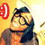 Pixelated image of a character with dark hair and glasses, wearing a brown top, against a yellow background with a red symbol on the left.