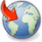 Pixelated globe with blue oceans and green landmasses overlaid by a large red arrow pointing downward-left.
