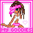 Pixel art contact sheet showing two frames of an animated AIM buddy icon featuring a cartoon woman with brown hair, pink headband, and white top against a pink border background.