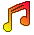 Four pixelated musical notes in red-orange-yellow gradient with brown outlines on gray background