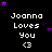 Black background with white text 'Joanna Loves You <3' repeated in a , purple stars scattered around, one partially obscured by gray rectangle