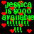 Green pixelated text reading "JESSICA IS 6000 AVAILABLE" with red heart symbols scattered across a black background, displayed in a of four identical sections