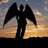 Silhouette of a winged figure against a sunset sky with text changing from 'CI' to 'CIV' to 'GIVE'.