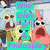 Pixelated cartoon characters with text overlays, including a yellow sponge-like figure and pink starfish, in a with green and blue text boxes