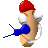 Pixelated character with red cap, white mask, blue sleeve, and white wings against gray background.
