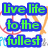 Green text on blue rectangular blocks reads "Live life to the fullest" with red and orange curved lines in background.
