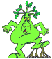 Green cartoon character with yellow eyes and red mouth stands on brown roots, arms raised in two distinct poses against gray background.