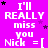 A static image with a bright pink background displays repeated text "I'll REALLY miss you Nick =[" in white pixelated font, surrounded by small black and purple stars.