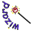 Animated icon with stylized text and a wand, showing color variations in the text outline across frames.
