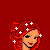 Pixelated icon of a red-haired woman with white flower accessories, wearing a green bikini top and bottom against a solid red background.