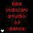 Red text on black background with white star icons, displaying "liza indiciani studio of dance" in multiple and