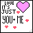 Static pixel art displays 'LOVE IT'S JUST YOU+ME' text with a large pink heart and four small red hearts on white background.