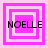 Four pink square frames with white borders display the text 'NOELLE' in black pixelated letters, each frame showing a different arrangement of nested squares.