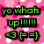 Pink polka-dot background with green pixelated text reading 'yo whats up!!!!!! <3 {= =} i cant wait for school<<33' and a gray rectangle in the bottom right.