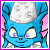 Pixelated blue cartoon character with large eyes and a white headpiece against pink background, framed by purple border.