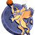 A pixelated figure with blue hair holds an orange spherical object while standing on a blue circular base with yellow and orange flame-like patterns.