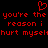 Red pixelated text on black background with heart symbol above, repeating 'you're the reason i hurt myself' in two