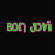 Four display 'bon jovi' text in varying colors and backgrounds, with green/purple pixelated letters on black or gray