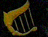 Animated sequence showing a character playing a harp, transitioning to dynamic poses with flowing hair and starry background.