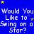 Blue background with repeated white text "Would You Like to Swing on a Star?" and scattered yellow and blue stars.
