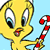 Yellow cartoon bird with large blue eyes and orange beak holds red-and-white striped candy cane against light blue background.