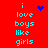 Red background with cyan text reading "i love boys like girls" and three distinct blue pixelated symbols above the text.