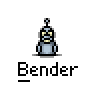 A 5x4 contact sheet of pixel art Bender frames from Futurama, showing sequential animation states with varying expressions and props against a gray background.