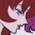 Anime-style character with brown hair and blue eyes in profile view, wearing white clothing with purple accents against a dark green background.
