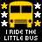 Yellow school bus icon with white and yellow stars on black background, text "I RIDE THE LITTLE BUS" below each bus.