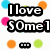 Static image with bold text "I love $0me1" over colorful dots on white background, gray rectangle in bottom-right corner.