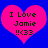 Two identical pink hearts on blue background with text "I Love Jamie !!<33" in black pixelated font.