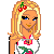 Pixel art buddy icon featuring a blonde cartoon woman with cherry hair accessory and white top, next to red-bordered text panel reading "Love cherries" with lip mark.