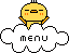 Pixelated yellow chick with closed eyes, orange beak, and orange cheek marks stands on white cloud with 'menu' text, left side shows chick with arms raised, right side shows chick with arms lowered.