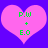 Two identical pink hearts on a purple background with green text reading P.W + E.O inside each heart.