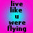 Pixelated text on a gradient background with two identical vertical sections showing 'live like u were flying' in black and cyan.