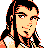 Pixelated 48x48 static buddy icon of a character with long black hair, light skin tone, and orange-accented facial features wearing a white top with dark straps.